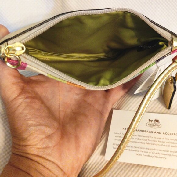 Coach Poppy Sequin Legacy Stripe Small Wristlet in Brass/Multi, NWT - Picture 2 of 8